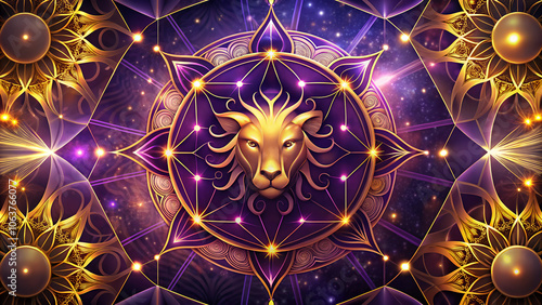 Golden lion surrounded by zodiac symbols in a mystical cosmic design photo