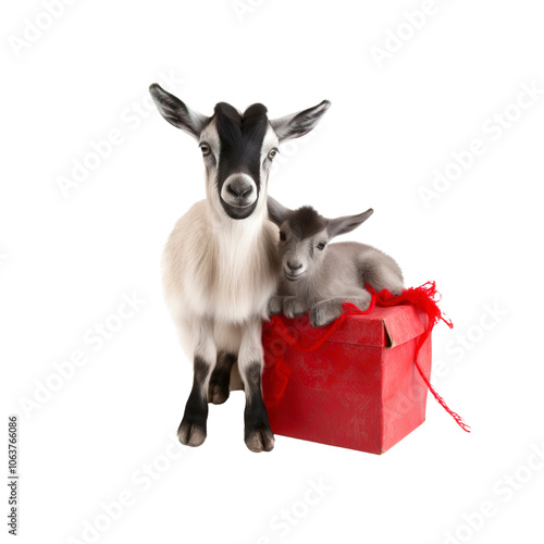 Adorable Goat Kids with a Red Present