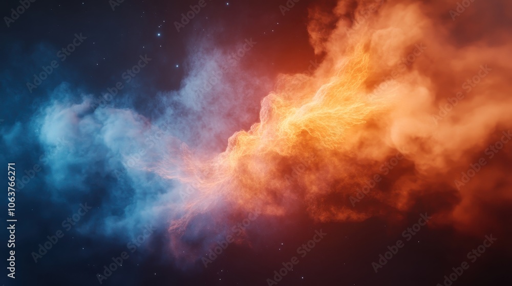Fototapeta premium A dynamic cosmic scene depicts a clash of fiery and cool elements, creating a vibrant visual metaphor for opposing forces, balance, and transformation.