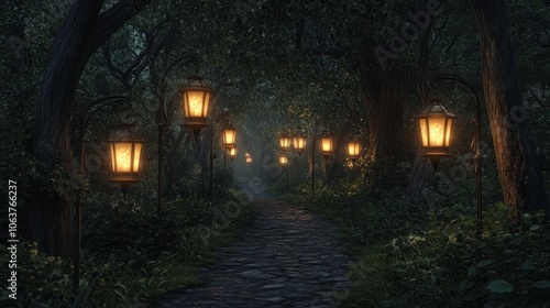 A winding cobblestone path through a dense forest lit by glowing lanterns.