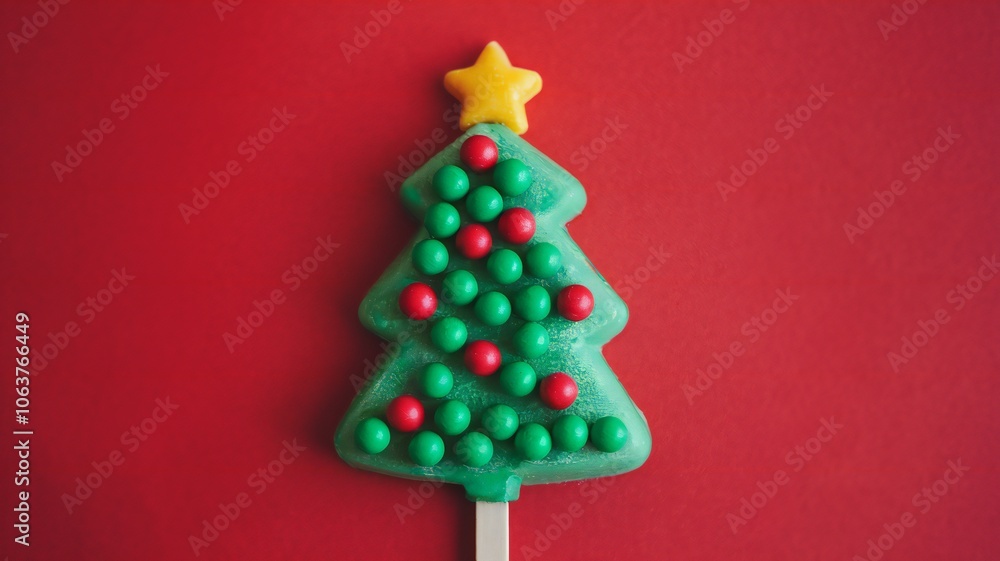 Festive Christmas Tree Lollipop on Red Background Festive Christmas Tree Lollipop on Red Background