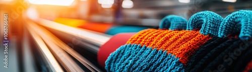 Colorful knitted hats displayed on a rack, showcasing vibrant patterns and textures in a creative environment. photo