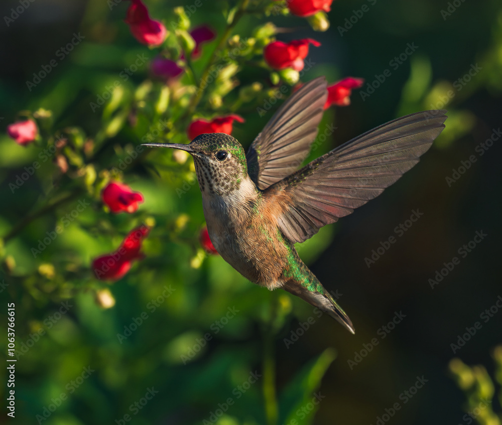 Fototapeta premium A Broad-tailed Hummingbird female making eye contact with the viewer while hovering with fully opened wings in front of vibrant red flowers in the garden. 