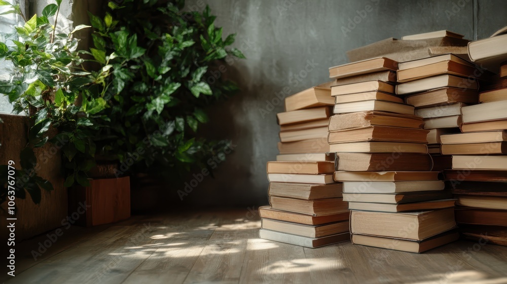 A stack of various books in a warm, softly lit corner with sunlight streaming through and surrounding green plants, creating a peaceful reading atmosphere.