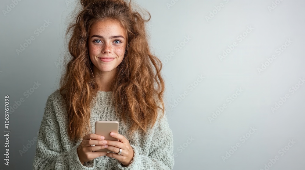 A young woman with curly hair and freckles smiles while holding a smartphone, wearing a cozy sweater with a light background, exuding a cheerful vibe. A young woman with curly hair and freckles smiles while holding a smartphone, wearing a cozy sweater with a light background, exuding a cheerful vibe.