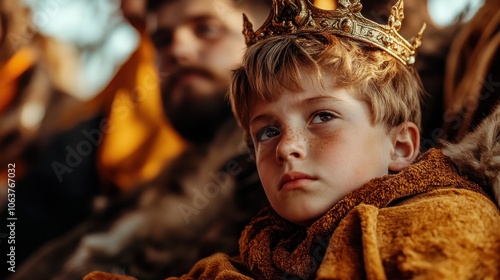 A young child clad in regal attire gazes forward pensively, capturing a moment of childhood innocence with a majestic golden crown atop, sparking imaginative dreams. photo