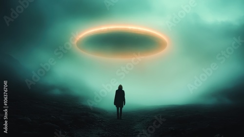 A lone silhouette stands under an enigmatic, glowing UFO ring amidst a foggy, ethereal landscape, sparking emotions of curiosity and intrigue under an alien sky. photo