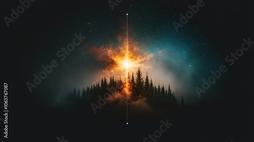 A mystical forest scene with a dramatic vertical light beam creating a magical ambiance, combining celestial elements with a sense of wonder and the universe. photo