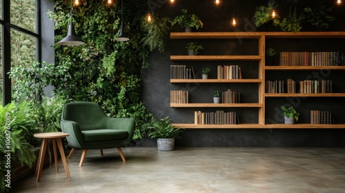 A cozy reading corner featuring a lush green armchair, wooden shelves filled with books, and abundant greenery for a tranquil ambiance in a modern space.