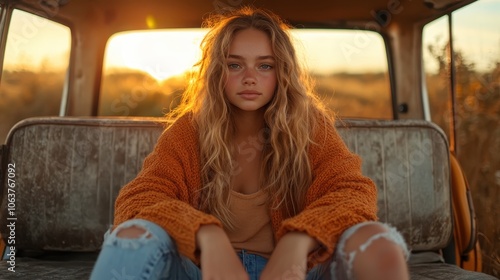 Young girl wearing a burnt orange sweater sits in front of a sunset backdrop, absorbing the warm glow as the evening sun fills the rustic environment with warmth. photo