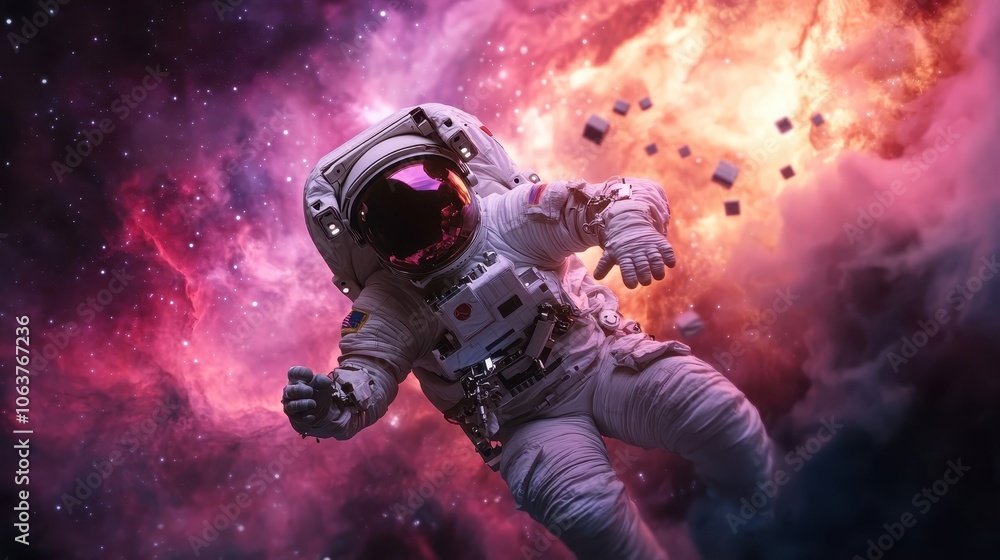 An astronaut in a space suit floats amongst the stars, facing a bright, fiery cosmic explosion that illuminates the surrounding space with stunning intensity. An astronaut in a space suit floats amongst the stars, facing a bright, fiery cosmic explosion that illuminates the surrounding space with stunning intensity.