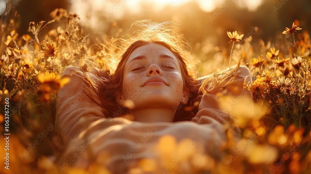 A serene scene showing a woman lying in a field surrounded by flowers, basking in the warm glow of sunshine, representing peace and natural beauty. A serene scene showing a woman lying in a field surrounded by flowers, basking in the warm glow of sunshine, representing peace and natural beauty.