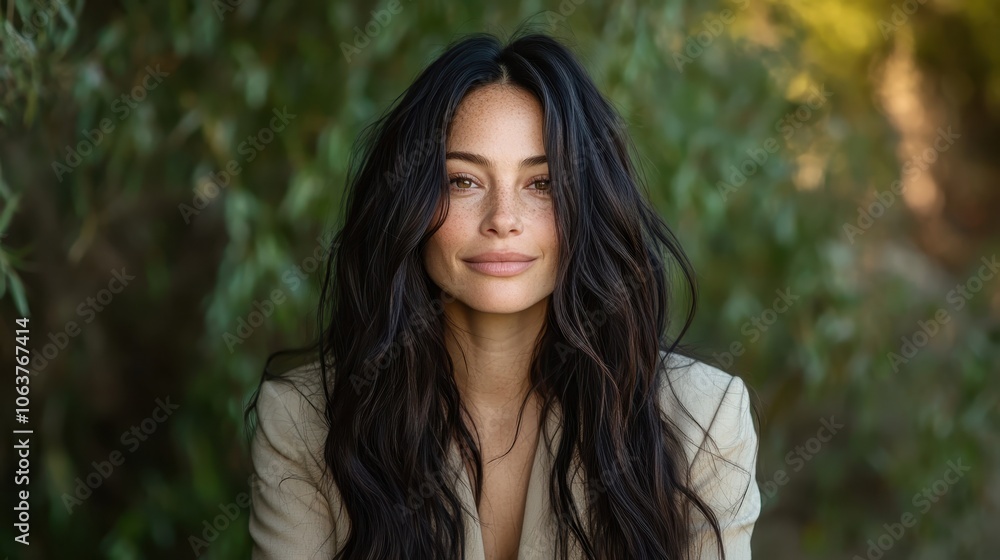 Portrait of a serene woman with long dark hair and gentle smile, set against a lush natural backdrop, exuding grace and tranquility in soft light. Portrait of a serene woman with long dark hair and gentle smile, set against a lush natural backdrop, exuding grace and tranquility in soft light.