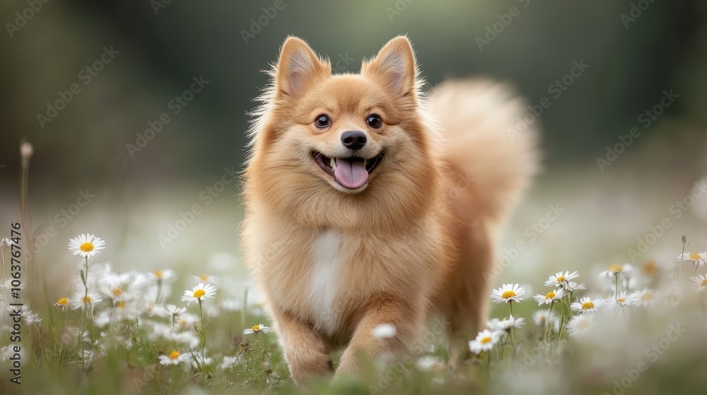 A joyful pomeranian puppy with a vivacious demeanor frolics among daisies, capturing the essence of playfulness and innocence in a natural field setting. A joyful pomeranian puppy with a vivacious demeanor frolics among daisies, capturing the essence of playfulness and innocence in a natural field setting.