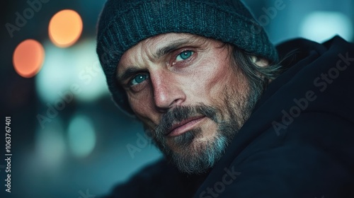 A ruggedly handsome man wearing a beanie gazes thoughtfully into the distance, captured in an environment that emphasizes his contemplative and introspective nature.