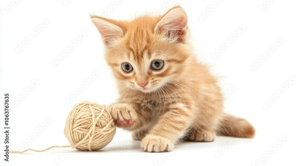 Adorable orange tabby kitten playing with a ball of yarn on a white background. Adorable orange tabby kitten playing with a ball of yarn on a white background.