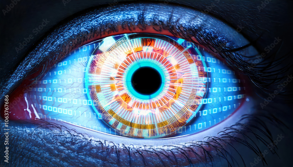 Close-up of a human eye with a futuristic, digital light overlay with advanced technology Close-up of a human eye with a futuristic, digital light overlay with advanced technology