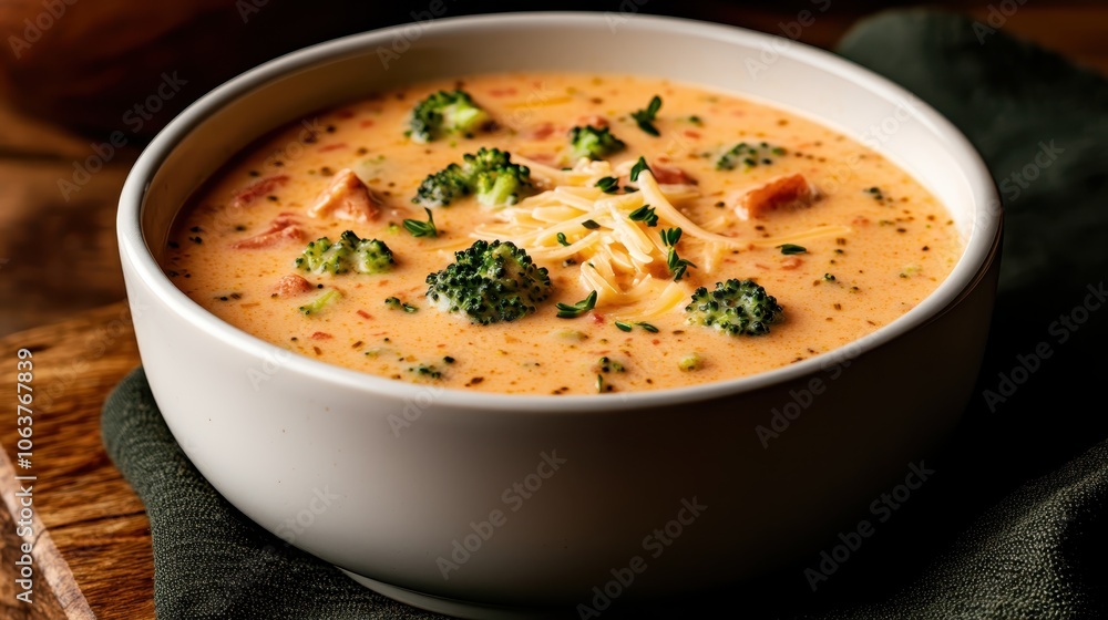 A savory bowl of creamy broccoli soup garnished with shredded cheese and herbs, offering a comforting and hearty meal perfect for a chilly day. A savory bowl of creamy broccoli soup garnished with shredded cheese and herbs, offering a comforting and hearty meal perfect for a chilly day.