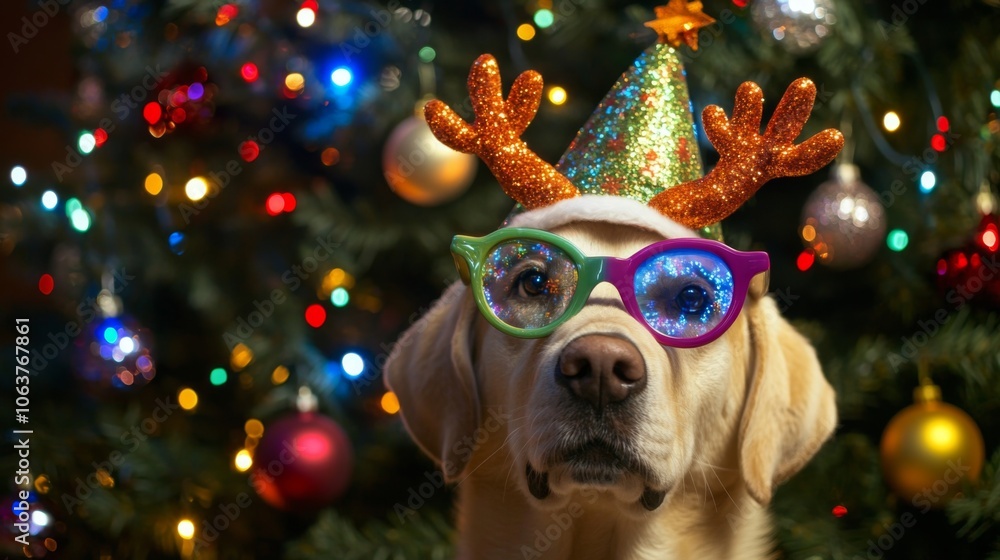 Playful Dog with Festive Antler Glasses and Green Bow in Front of Cozy Christmas Tree with Bokeh Lights Playful Dog with Festive Antler Glasses and Green Bow in Front of Cozy Christmas Tree with Bokeh Lights
