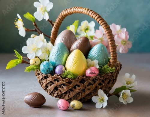 Freigestellter Osterkorb mit Schokoladeneiern und Frühlingsblumen photo