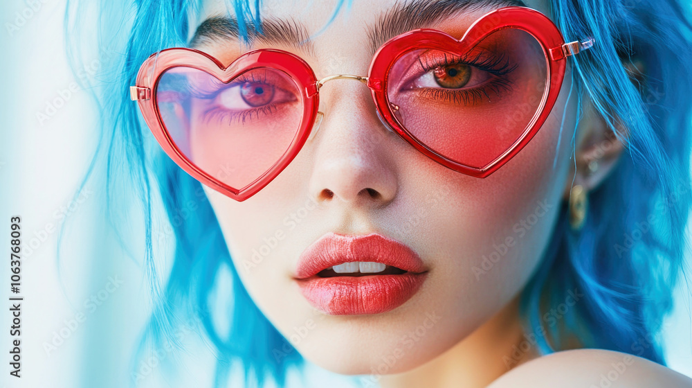 Fototapeta premium Model with vibrant blue hair and red heart-shaped glasses poses against a soft background