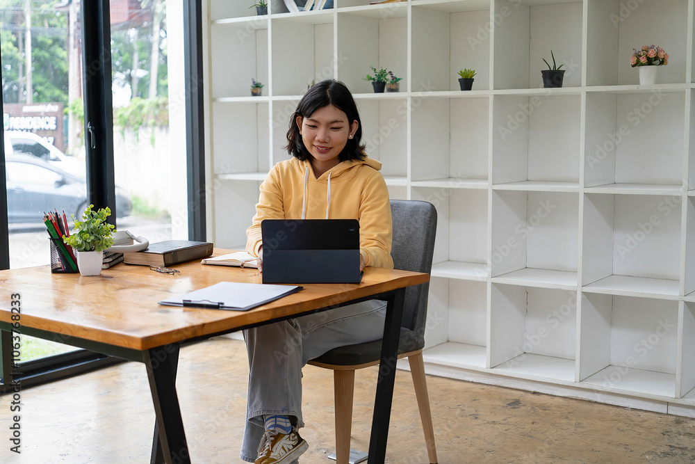 Intelligent young woman having online lessons on laptop, drinking coffee and taking notes, Intelligent young woman having online lessons on laptop, drinking coffee and taking notes,