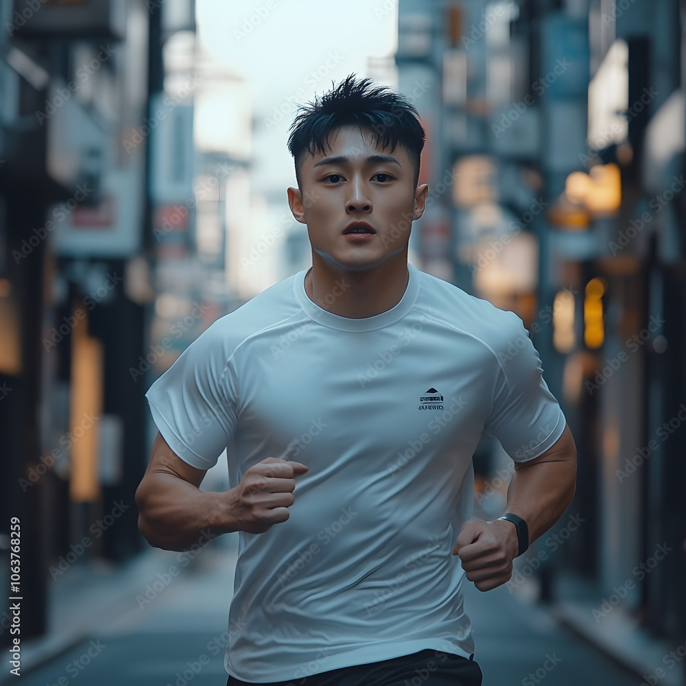 Nighttime Urban Running of a Young Male Athlete in Action Nighttime Urban Running of a Young Male Athlete in Action