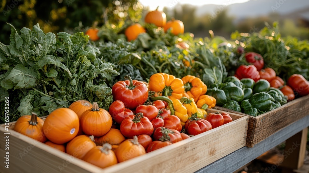 A bountiful arrangement of vibrant tomatoes and bell peppers in a farmers market setting, showcasing the freshness of locally grown organic produce. A bountiful arrangement of vibrant tomatoes and bell peppers in a farmers market setting, showcasing the freshness of locally grown organic produce.