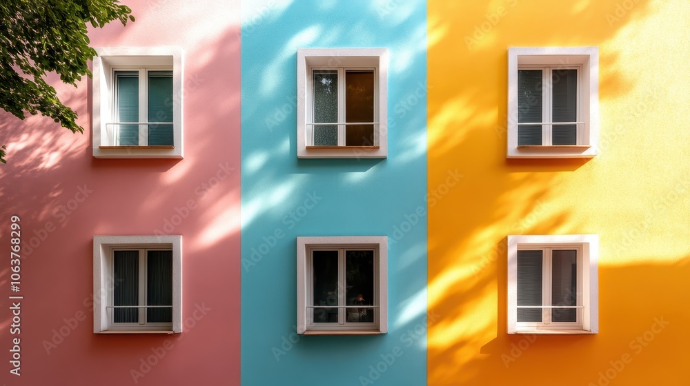Abstract composition of a building facade with colorful walls and uniquely placed windows, showcasing an artistic play of light and shadow. Abstract composition of a building facade with colorful walls and uniquely placed windows, showcasing an artistic play of light and shadow.