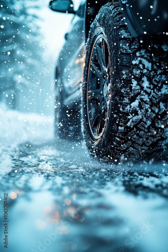 Car tire driving through snowy, icy path. photo