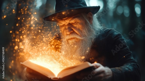 An enchanting image of an elderly wizard engrossed in a magical spellbook, surrounded by glowing embers in a mystical forest, evoking curiosity and wonder. photo