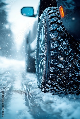 Car tire driving through snowy, icy path. photo