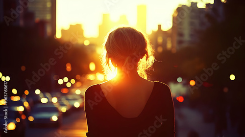 Silhouette of Woman in City...