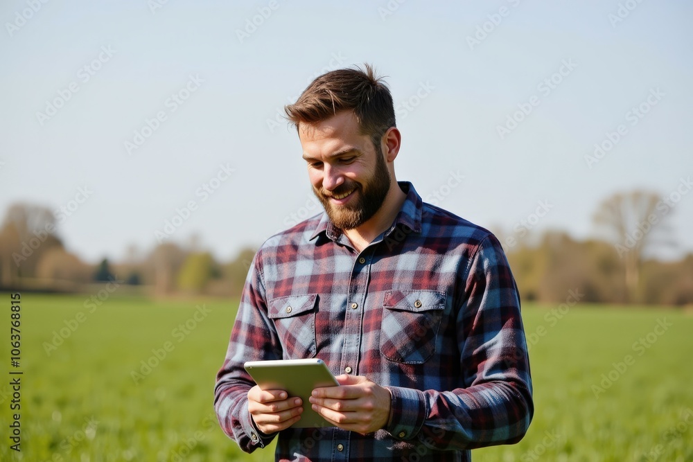 Technology Meets Nature: Man in Field Uses Tablet with Smiling Anticipation, Modern Farming, Serenity, Green Grass, Progress Technology Meets Nature: Man in Field Uses Tablet with Smiling Anticipation, Modern Farming, Serenity, Green Grass, Progress
