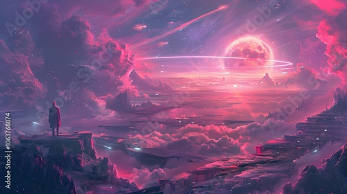 Surreal Fantasy Landscape with Glowing Moon and Silhouetted Cliffs