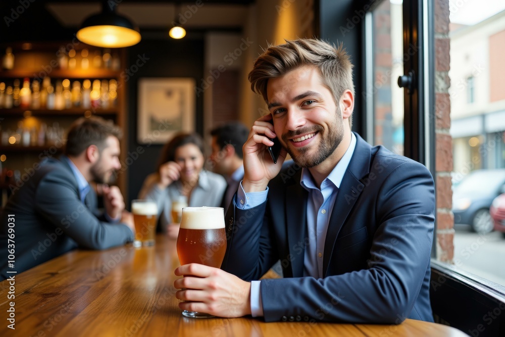 Businessman in Suit Enjoys Beer at Bar, Engaging in Phone Conversation Amidst Social Atmosphere Businessman in Suit Enjoys Beer at Bar, Engaging in Phone Conversation Amidst Social Atmosphere