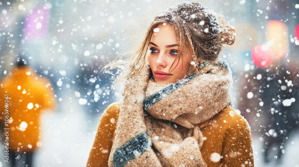 Model showcases elegant winter fashion while navigating a snow-filled urban landscape Model showcases elegant winter fashion while navigating a snow-filled urban landscape