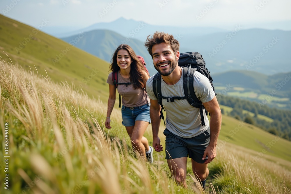 Young Couple's Joyful Mountain Hike During Golden Hour in Lush Alpine Landscape Young Couple's Joyful Mountain Hike During Golden Hour in Lush Alpine Landscape