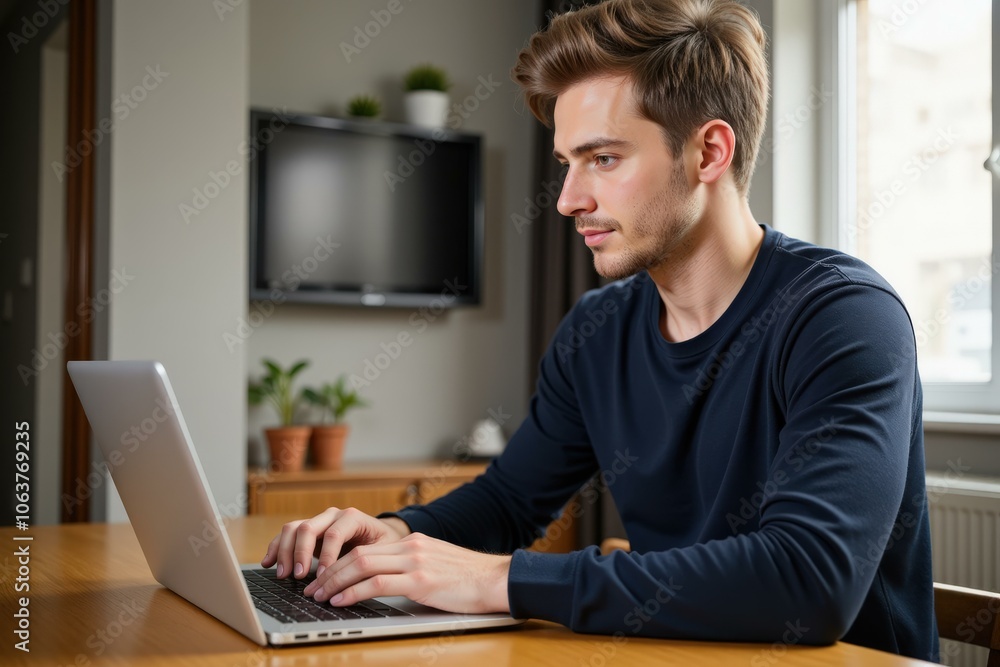 Focused young man working diligently on laptop in cozy, well-lit room displaying concentration and productivity. Focused young man working diligently on laptop in cozy, well-lit room displaying concentration and productivity.