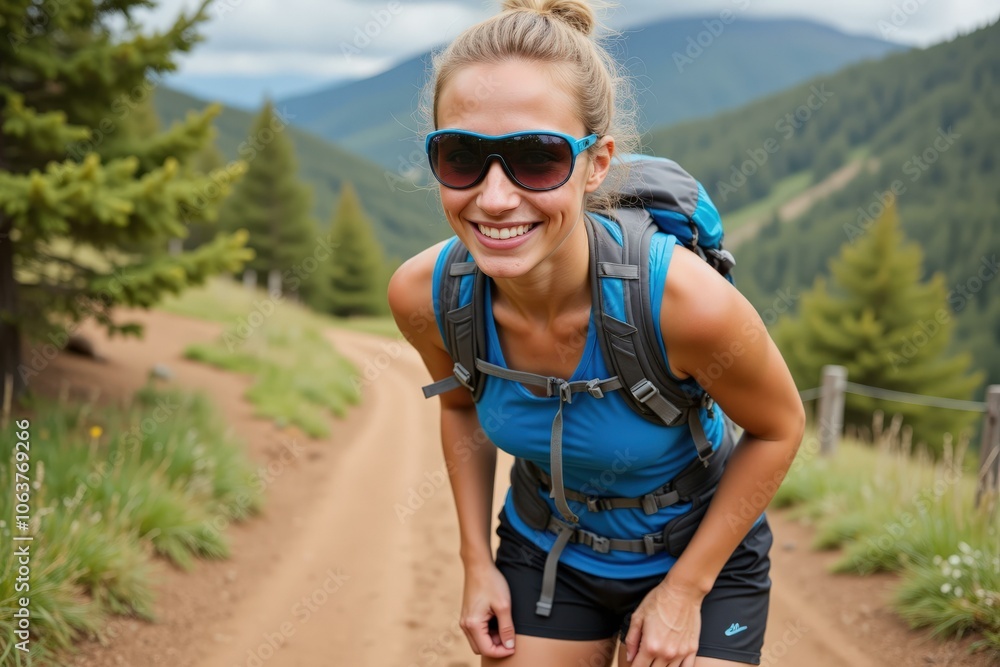 Happy Hiker on Scenic Mountain Trail with Backpack Enjoying Nature's Beauty Happy Hiker on Scenic Mountain Trail with Backpack Enjoying Nature's Beauty