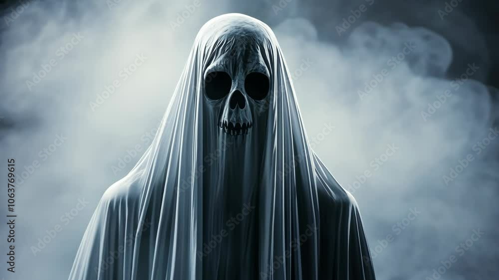 A spooky ghost with a skeletal face appears in a cloud of smoke A spooky ghost with a skeletal face appears in a cloud of smoke