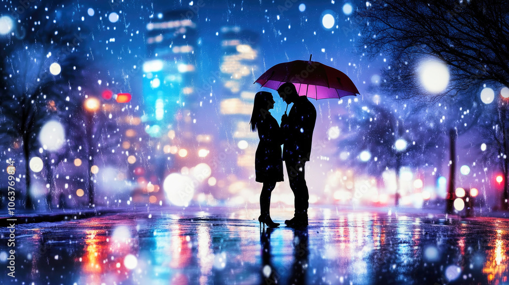 A couple enjoys a romantic walk under an umbrella on snow-covered streets in the city at night A couple enjoys a romantic walk under an umbrella on snow-covered streets in the city at night