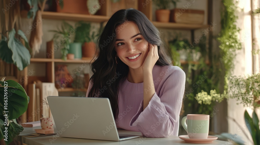 The Woman with Laptop Smiling The Woman with Laptop Smiling