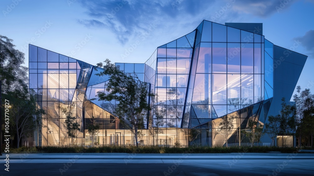 Futuristic geometric architecture with reflective glass facade and modern design features Futuristic geometric architecture with reflective glass facade and modern design features