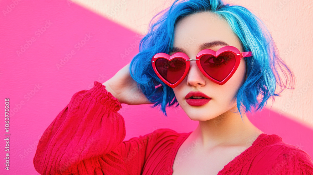A woman with bright blue hair poses playfully in red sunglasses against a vibrant pink backdrop A woman with bright blue hair poses playfully in red sunglasses against a vibrant pink backdrop