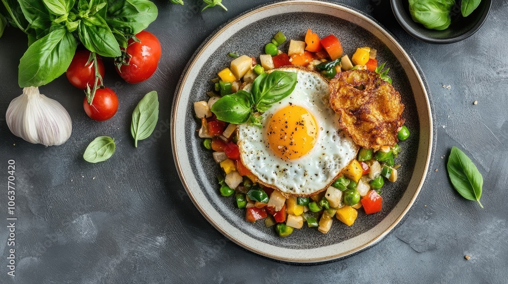 Fresh Vegetable Dish with Fried Egg and Herbs Fresh Vegetable Dish with Fried Egg and Herbs