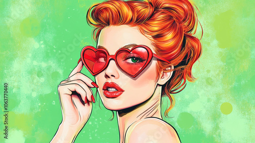 A woman with bright red hair poses playfully, donning red heart-shaped sunglasses photo