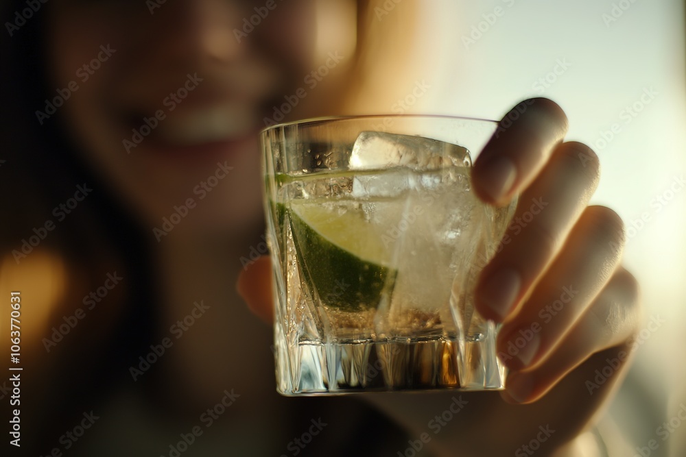 Close-up of smiling woman with refreshing drink in hand. Close-up of smiling woman with refreshing drink in hand.