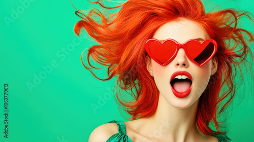 A woman with bright red hair poses playfully with heart-shaped sunglasses in a vibrant green setting