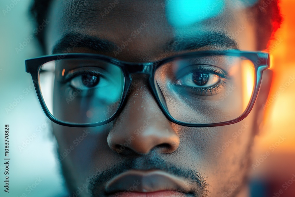 Intense gaze of black man with glasses in moody light. Intense gaze of black man with glasses in moody light.